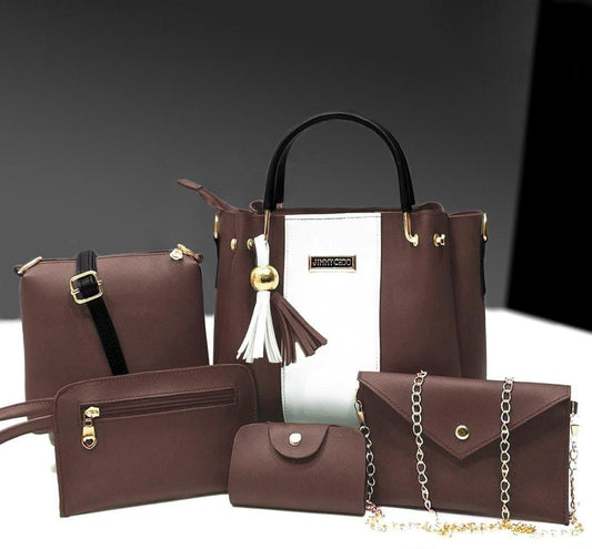 Stylish women's leather handbag se 5pcs in brown