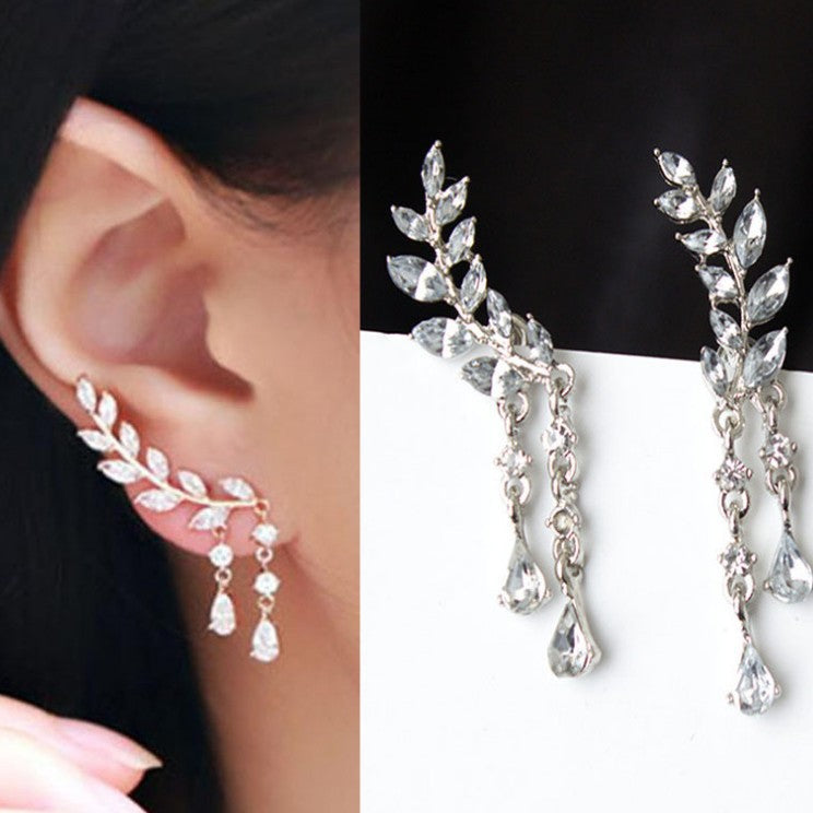 Factory Korean version of new sweet flash diamond popular leaves tassel crystal top earnings